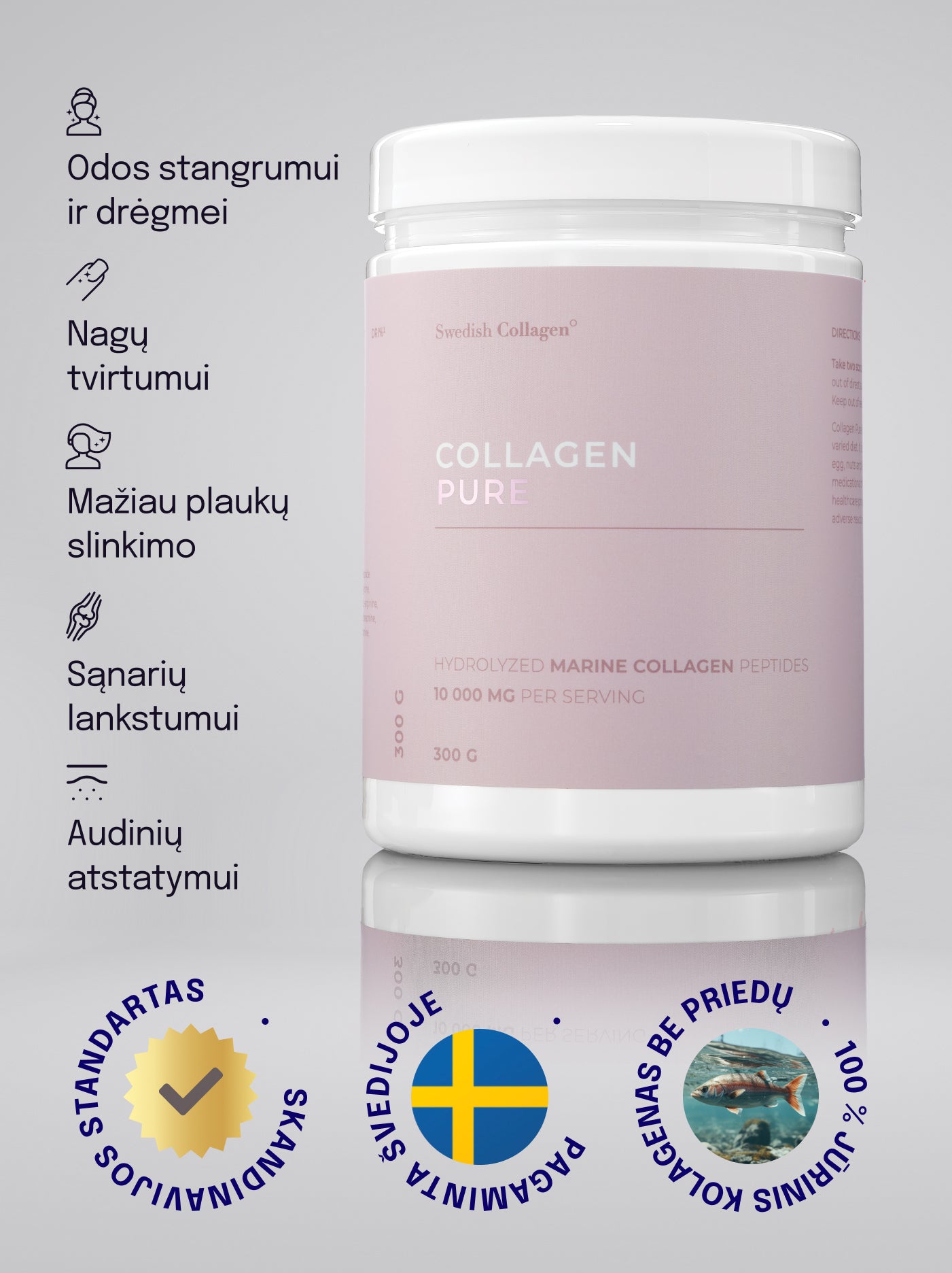 Grynas jūrinis kolagenas milteliais Swedish Collagen® PURE (300 g)